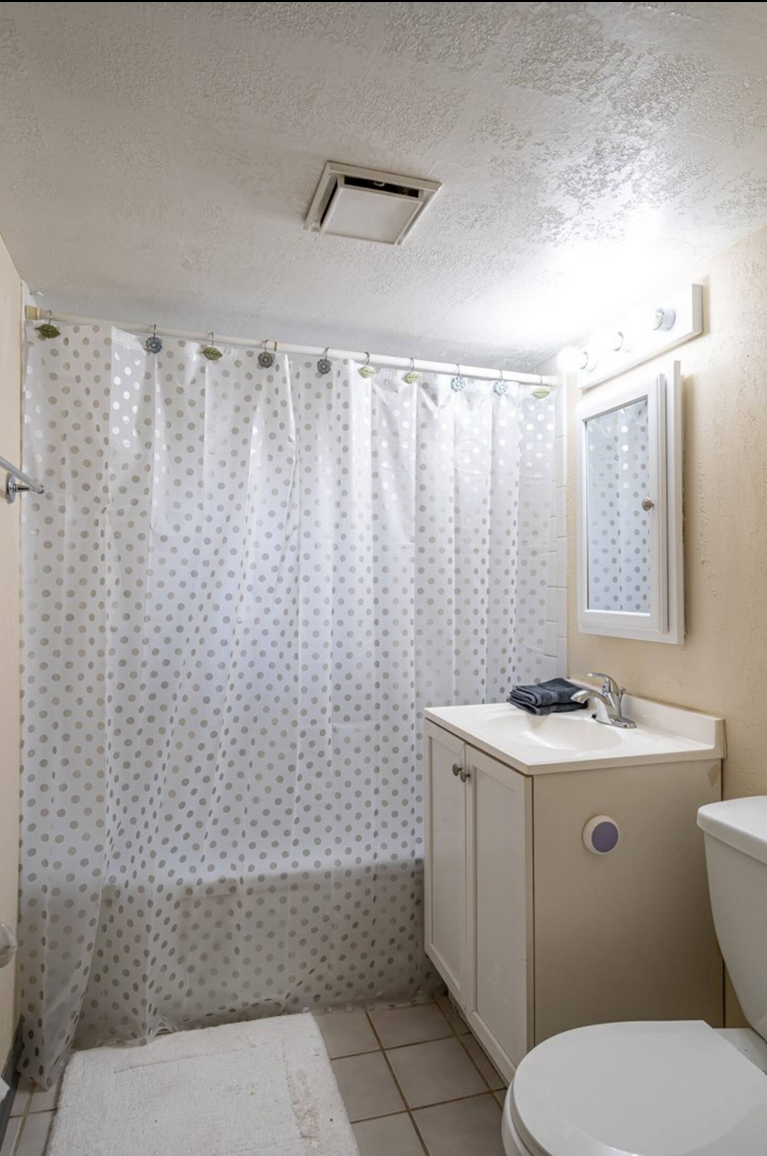 Bathroom with shower curtain, vanity, and view into kitchen.